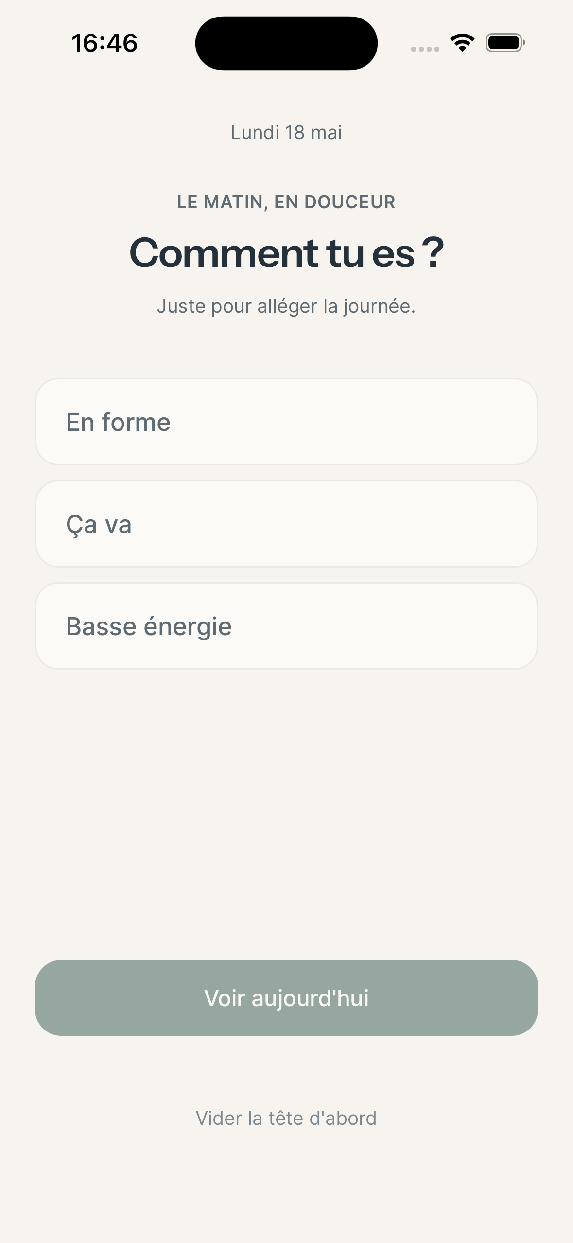 Molleva’s check-in offers three energy levels. The interface is in French.