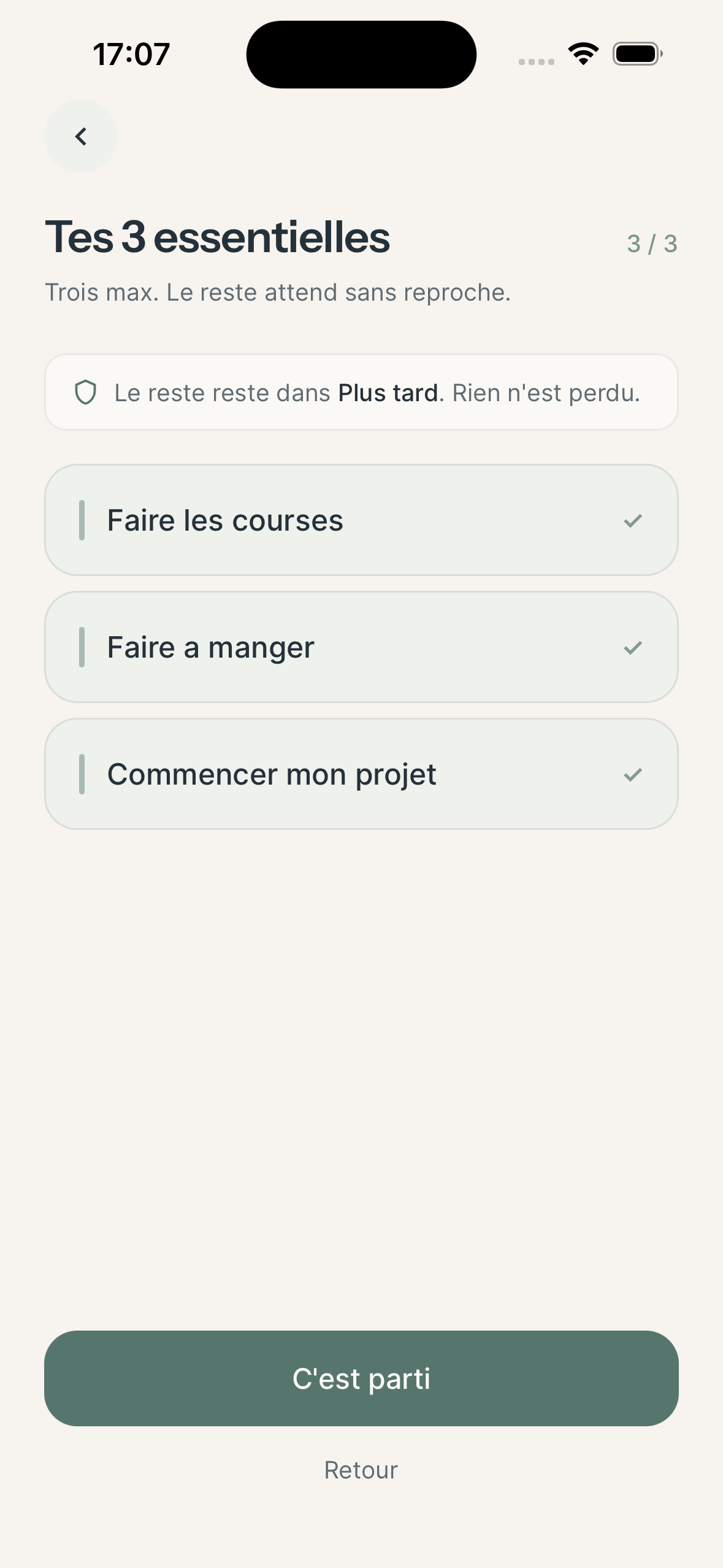 The day’s essentials in Molleva. The interface is in French.