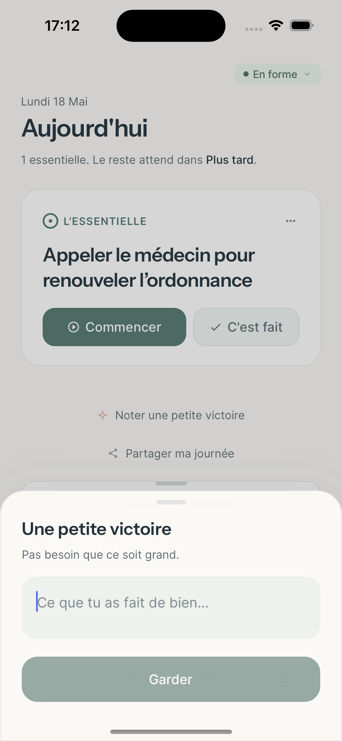 Molleva’s small-win form for writing down what you’ve done. The interface is in French.